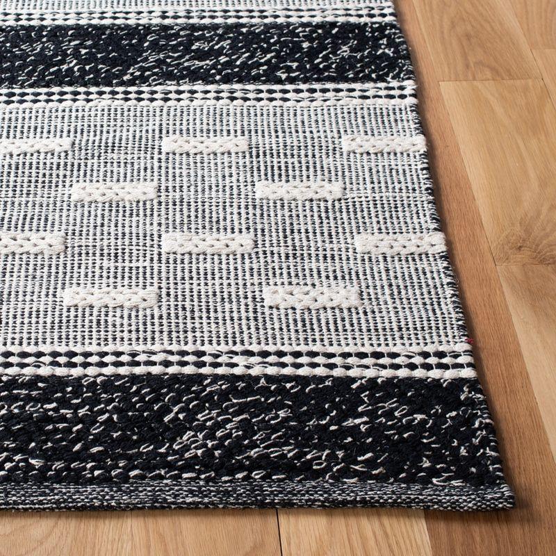 Black and Ivory Striped Kilim Handwoven Wool Cotton Area Rug