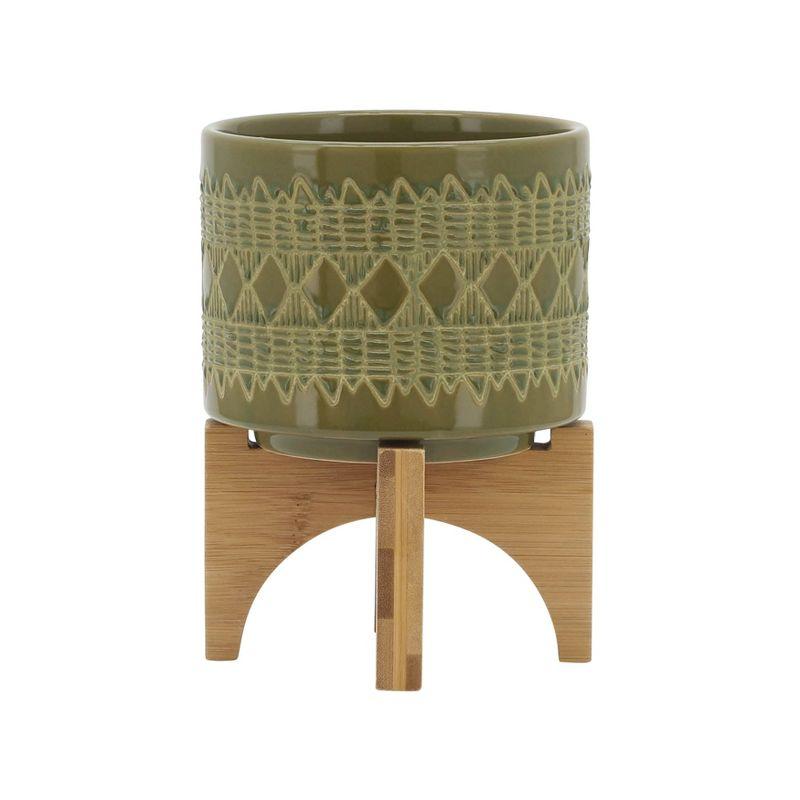 Geometric Ceramic Planter on Wooden Stand - Sagebrook Home