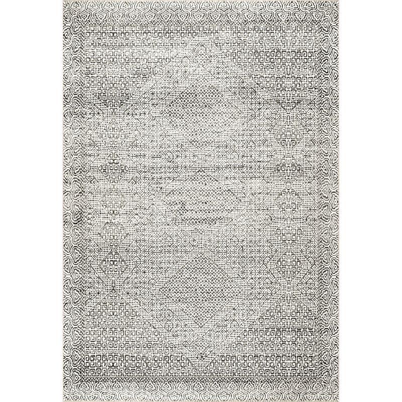 Gray Abstract Tribal Machine Washable Area Rug