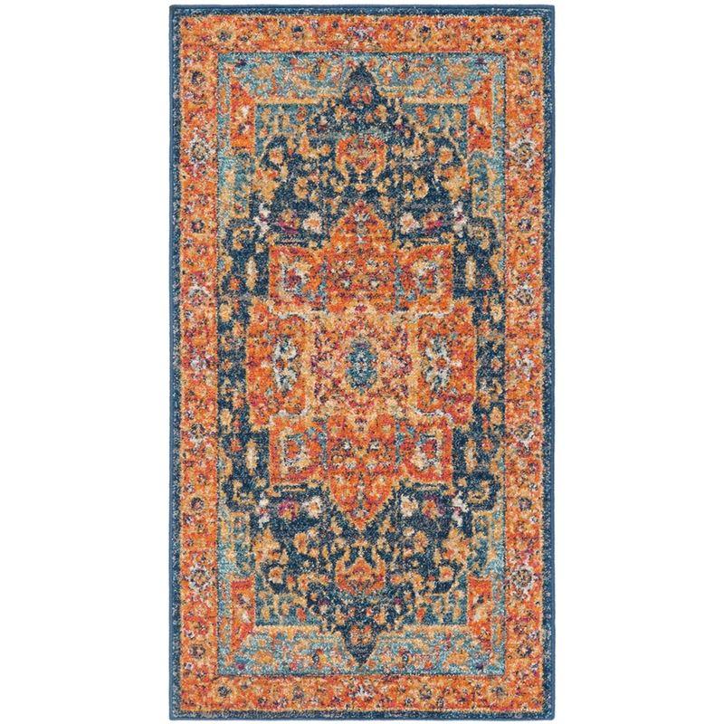 Reversible Hand-Knotted Blue and Orange Synthetic Area Rug - 2'2" X 4'