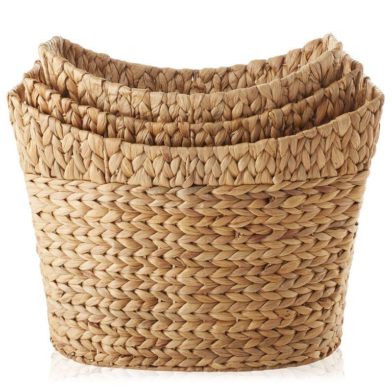 Casafield Set of 3 Water Hyacinth Oval Baskets with Handles - Natural, Woven Storage Totes for Blankets, Laundry, Bathroom, Bedroom, Living Room