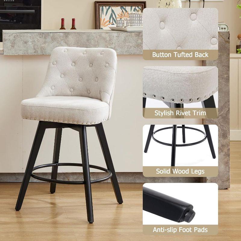 Counter Bar Stools Set of 2, Modern Swivel Bar Stools with Back and Wood Legs, 26" H Upholstered Bar Chair for Kitchen Island Home Bar, Linen Beige