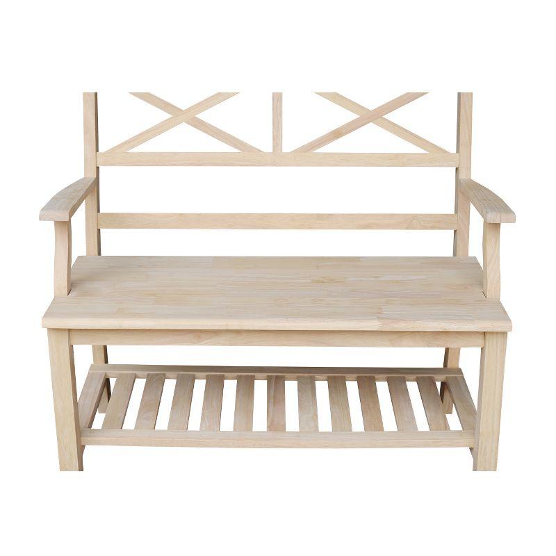 Double X-Back Bench with Arms and a Shelf - International Concepts: Hardwood Frame, Non-Upholstered, 2-Person Seating