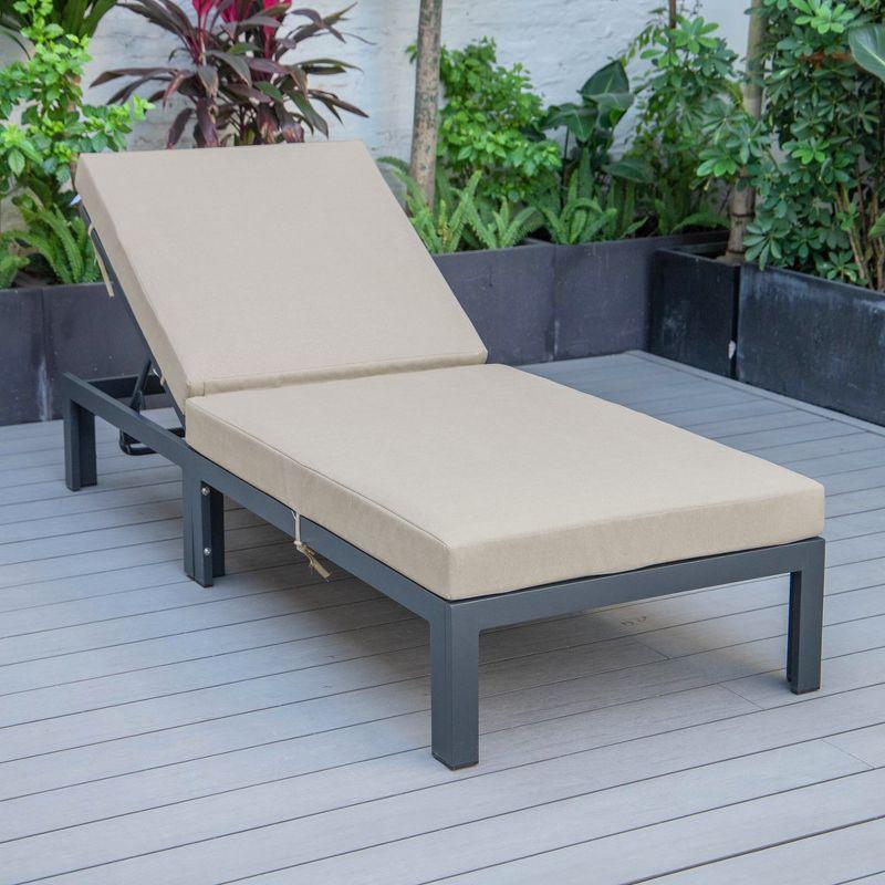 LeisureMod Chelsea Outdoor Chaise Lounge Chair with Cushions in Black Aluminum, Beige