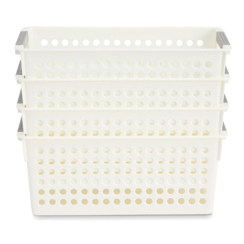 Set of 4 White Plastic Storage Baskets with Gray Handles