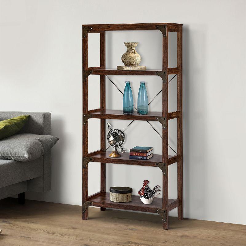 Logan Walnut and Black 4-Shelf Industrial Bookcase