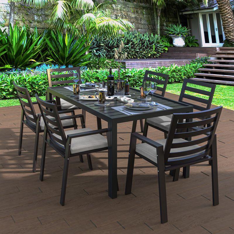 Black Aluminum Outdoor Dining Chair with Beige Cushions