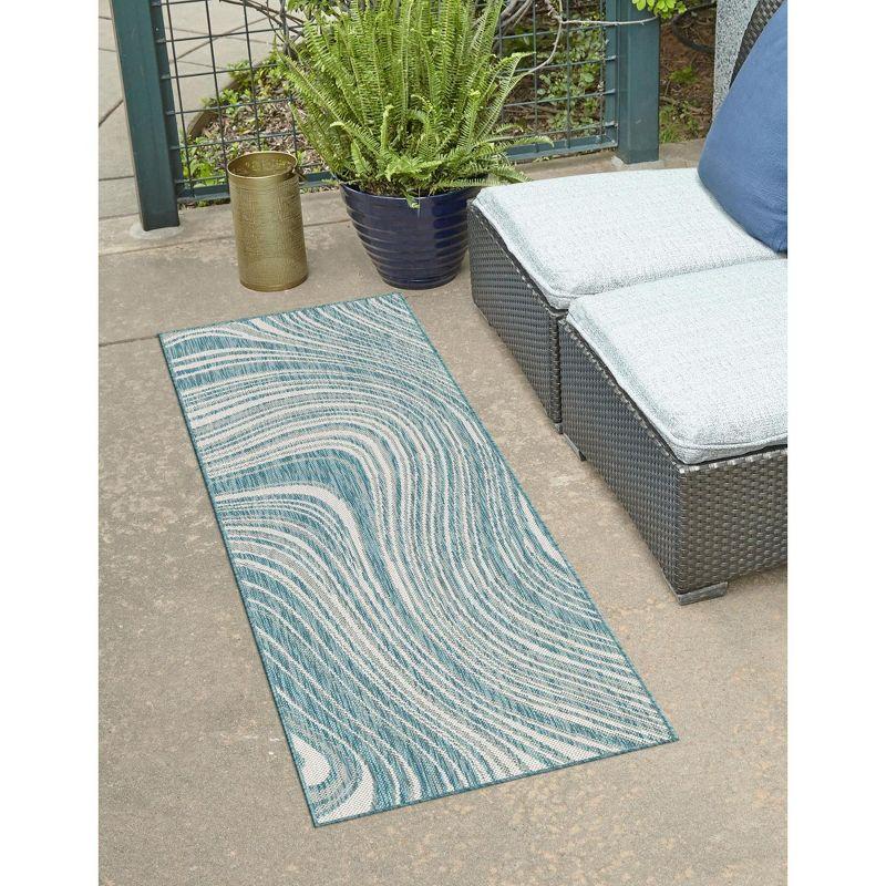 Light Aqua Abstract Flat Woven Outdoor Runner Rug