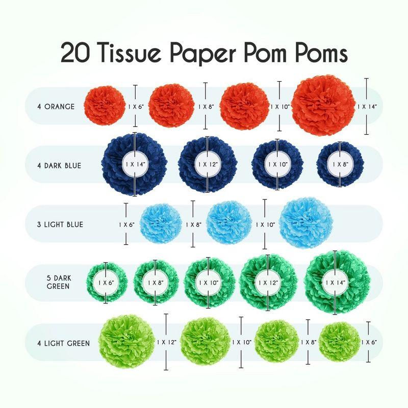 20-Piece Tissue Paper Pom Poms Party Decorations Kit - Orange, Blue, Teal, Green & Light Green | 6", 8", 10", 12" & 14"