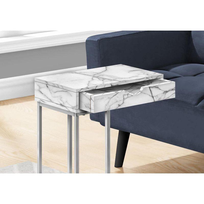 White Marble Look C-Shaped Metal End Table with Storage Drawer