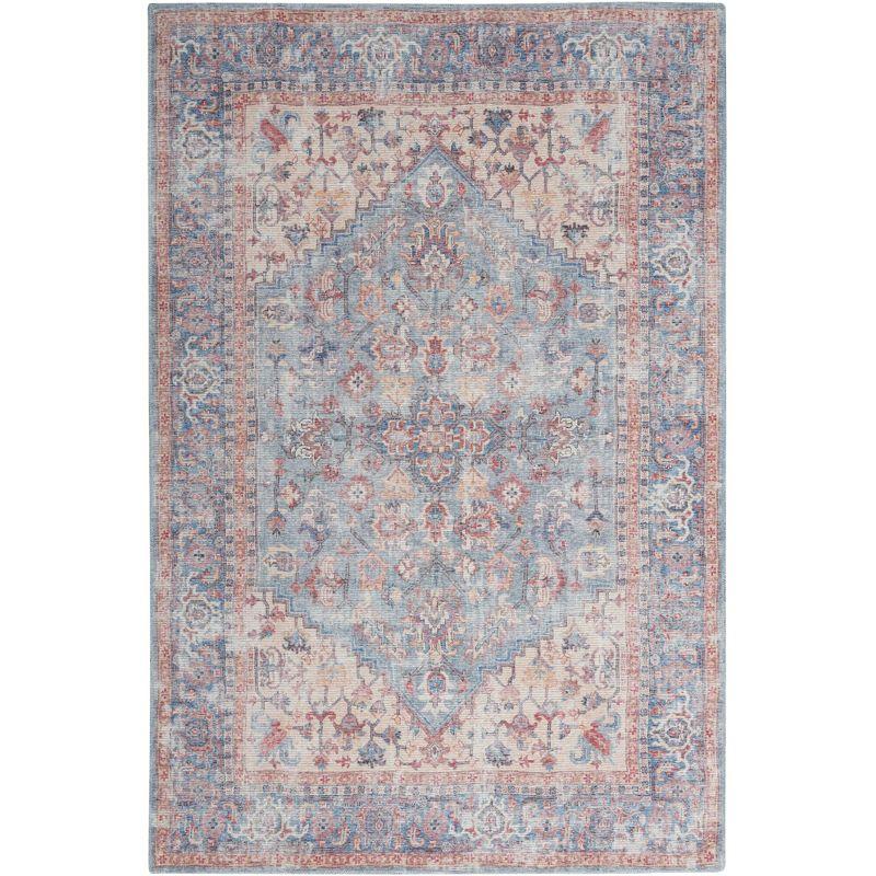 Vintage-Style Blue Floral Medallion Cotton Chenille Area Rug, 5'3" x 7'3"