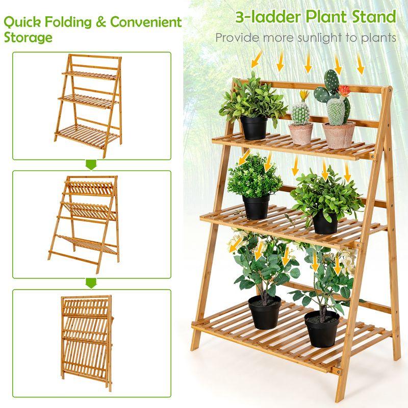 Costway Bamboo Ladder Plant Stand 3-Tier Foldable Flower Pot Display Shelf Rack Natural