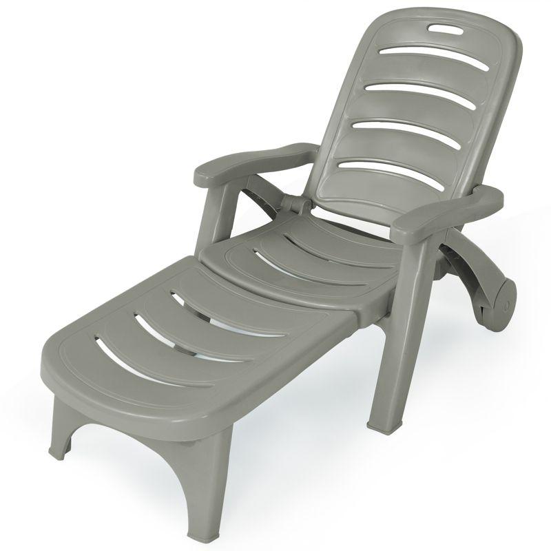 Gray Adjustable Outdoor Chaise Lounge with Arms and Wheels