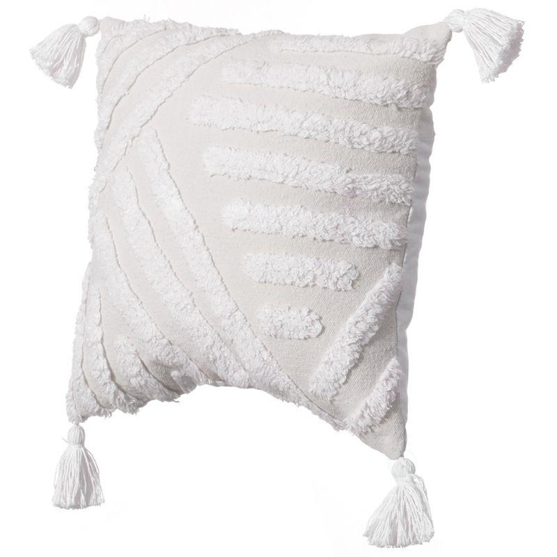 16" Boho Chic White Cotton Tufted Throw Pillow with Tassel Accents