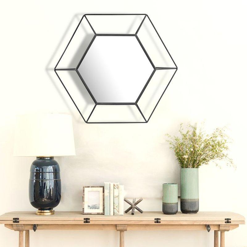 HexaFrame 24" Black Metal 3D Hexagon Wall Mirror with Shelf