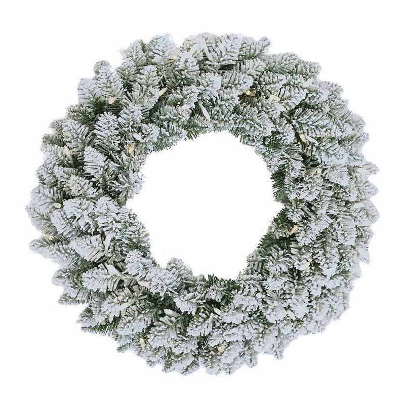 Pre-Lit Warm White LED Snow Pine Wreath with Timer, 24-Inch