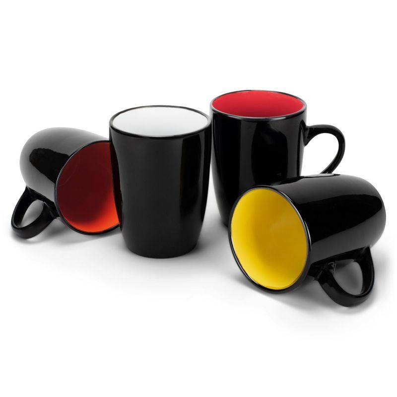 Color Pop Black Ceramic Mugs with Warm Interiors, Set of 4