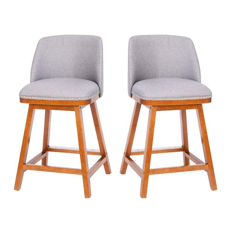 Gray Faux Linen Upholstered Counter Stools with Nailhead Trim