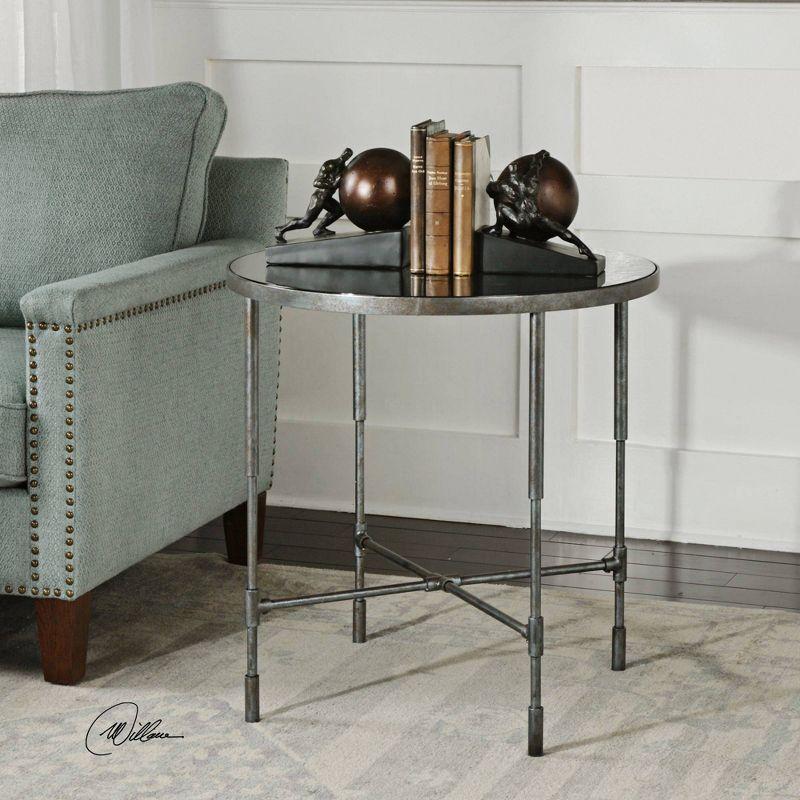 Contemporary Industrial Round Side Table with Smoked Glass Top