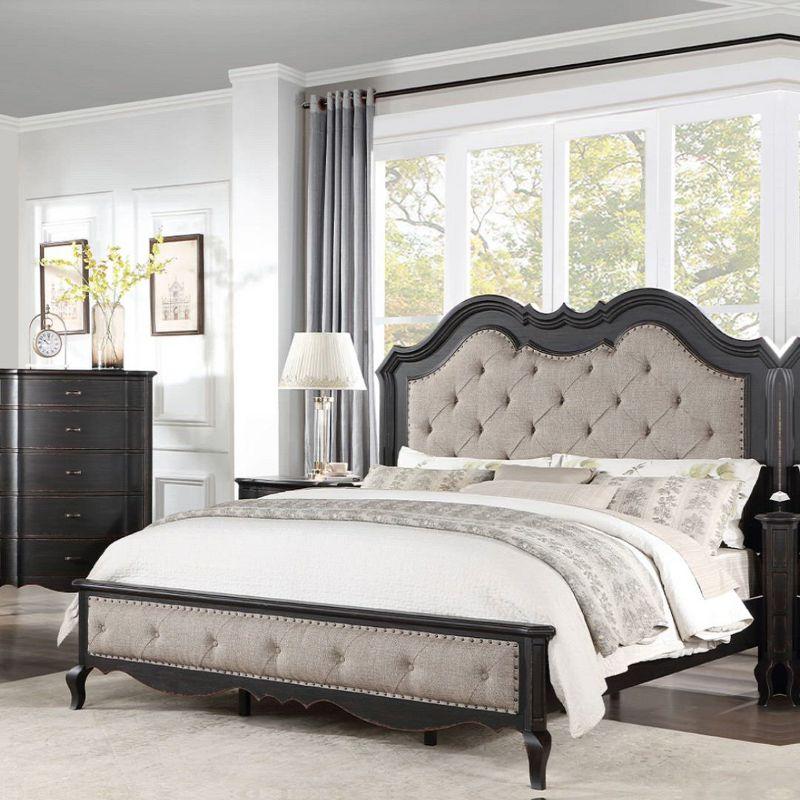 Chelmsford Queen Bed with Beige Tufted Upholstery and Antique Black Wood Frame