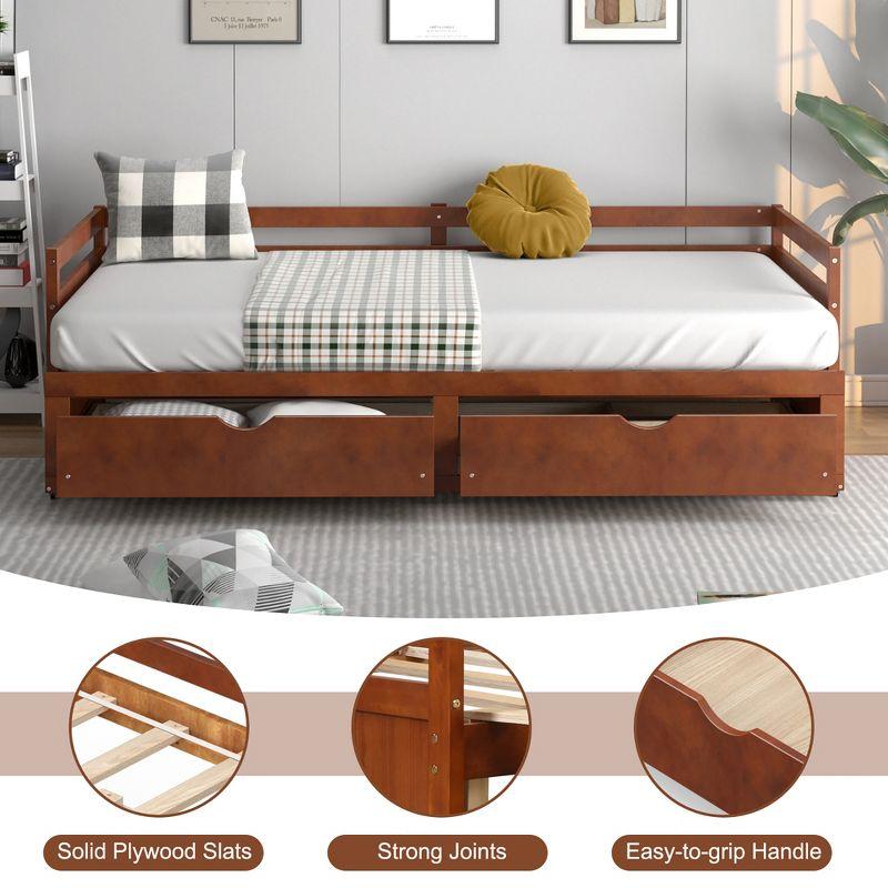 Costway Twin to King Daybed with  2 Drawers Wooden Sofa Bed for Bedroom Living Room Cherry