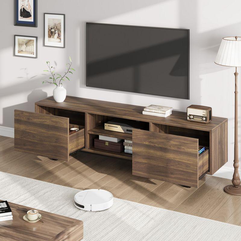 Industrial TV Stand for 80 Inch, Modern Entertainment Center with 2 Drawers, Wooden Cabinet with Heavy Duty Leg and Open Storage for Bedroom, Walnut