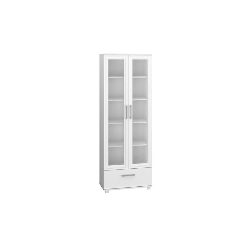 White 71.85" Bookcase with Frosted Glass Doors and Drawer