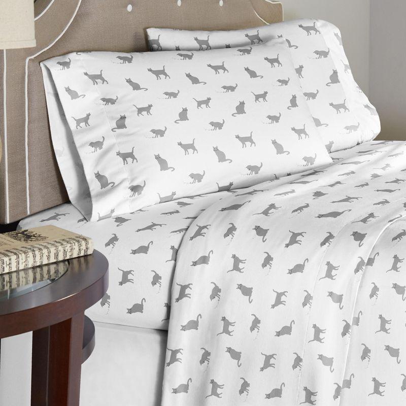 Pointehaven 180 GSM Velvet Feel Luxury Cotton Printed Flannel Sheet Set, Twin, Cats