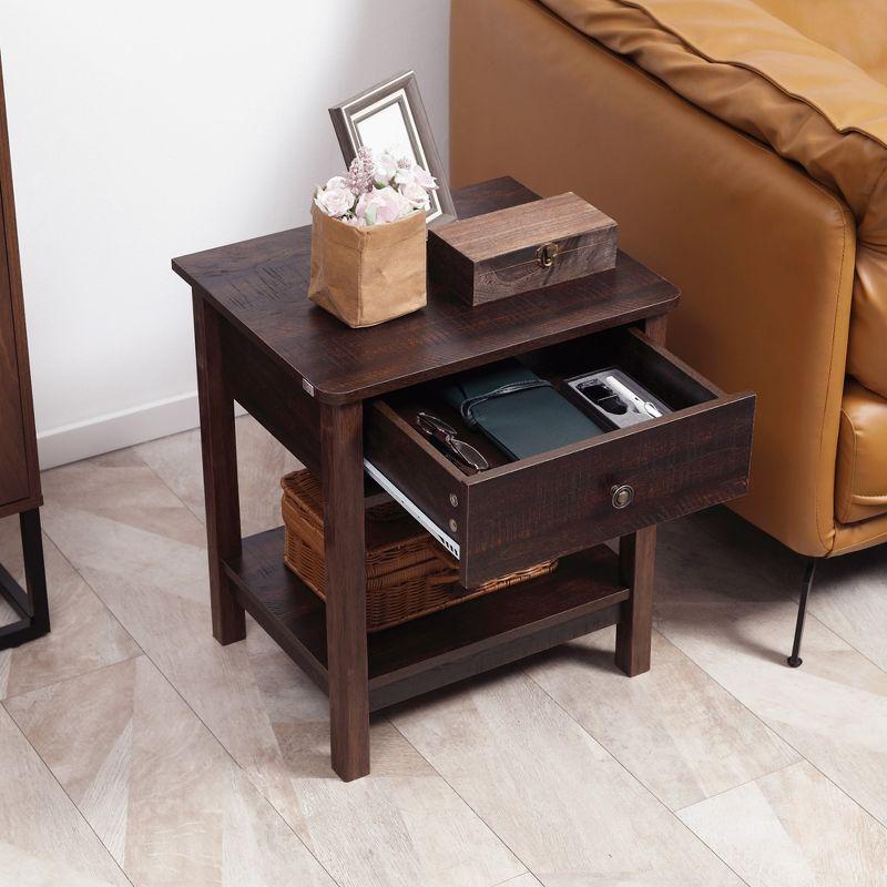 HOMCOM End Table with Drawer, Side Table with Top and Bottom Shelf for Small Spaces, Dark Brown