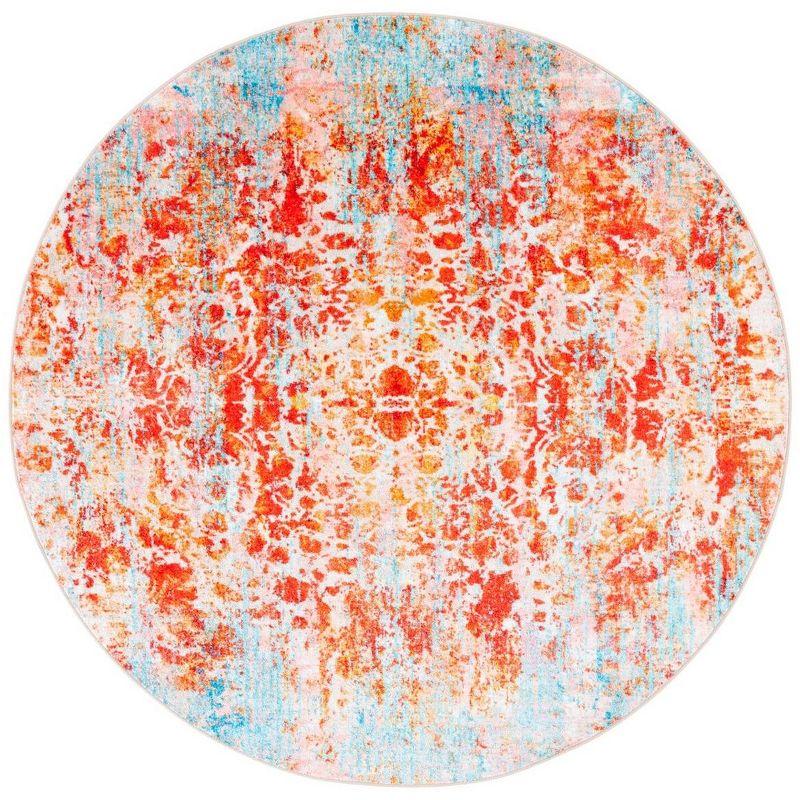 Red and Light Blue Round Washable Synthetic Area Rug