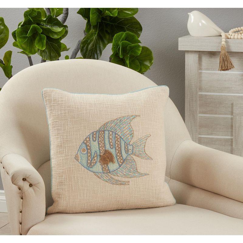 Aqua Embroidered Fish Cotton Euro Pillow Cover