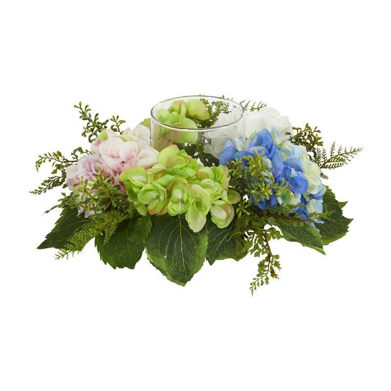 Summer Hydrangea & Fern Tabletop Arrangement with Votive Holder