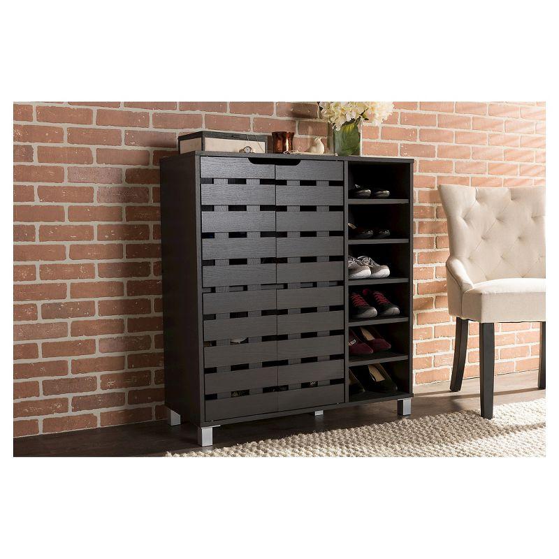 Shirley Modern and Contemporary Wood 2-Door Shoe Cabinet with Open Shelves - Dark Brown - Baxton Studio: Espresso Finish, Metal Frame, 10 Compartments