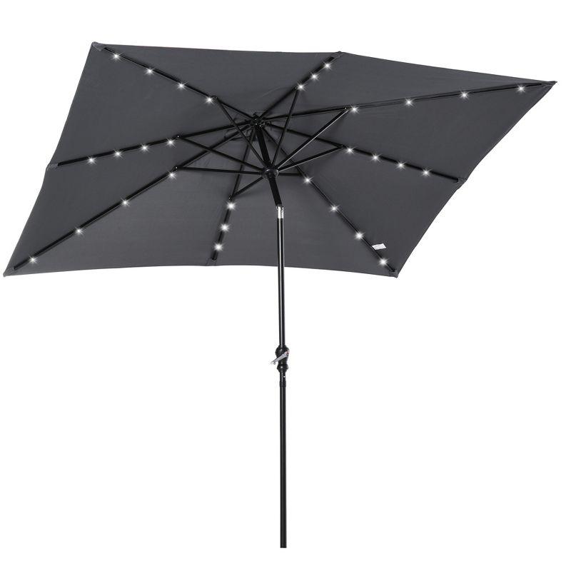 Outsunny 9' x 7' Solar Umbrella, LED Lighted Patio Umbrella for Table or Base with Tilt & Crank, Outdoor Umbrella for Backyard, Pool, Beach, Gray