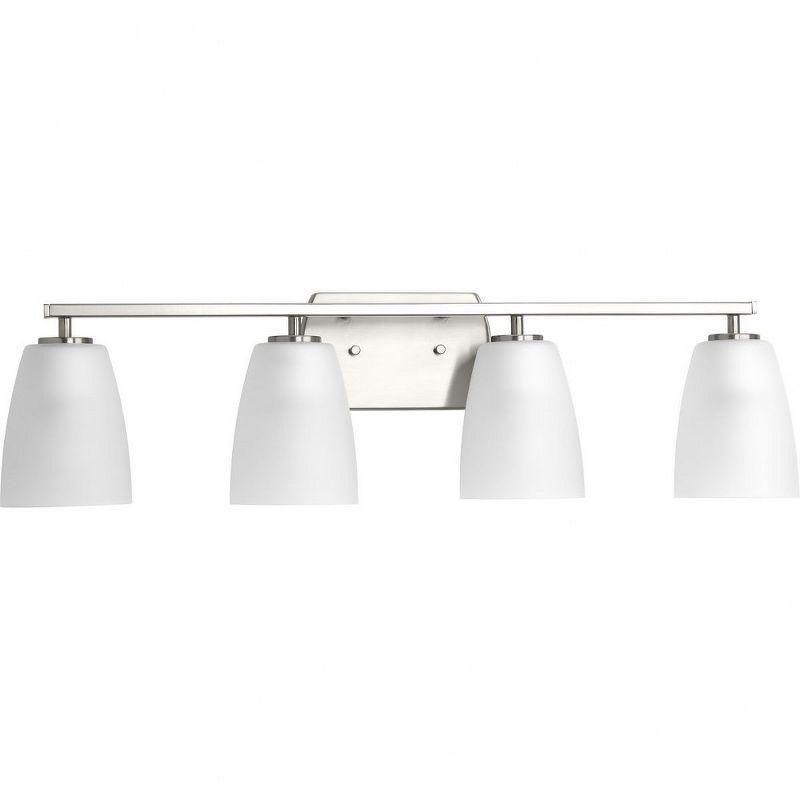 Progress Lighting Leap Collection 4-Light Bath Vanity in Brushed Nickel with Tapered Etched Glass Shades