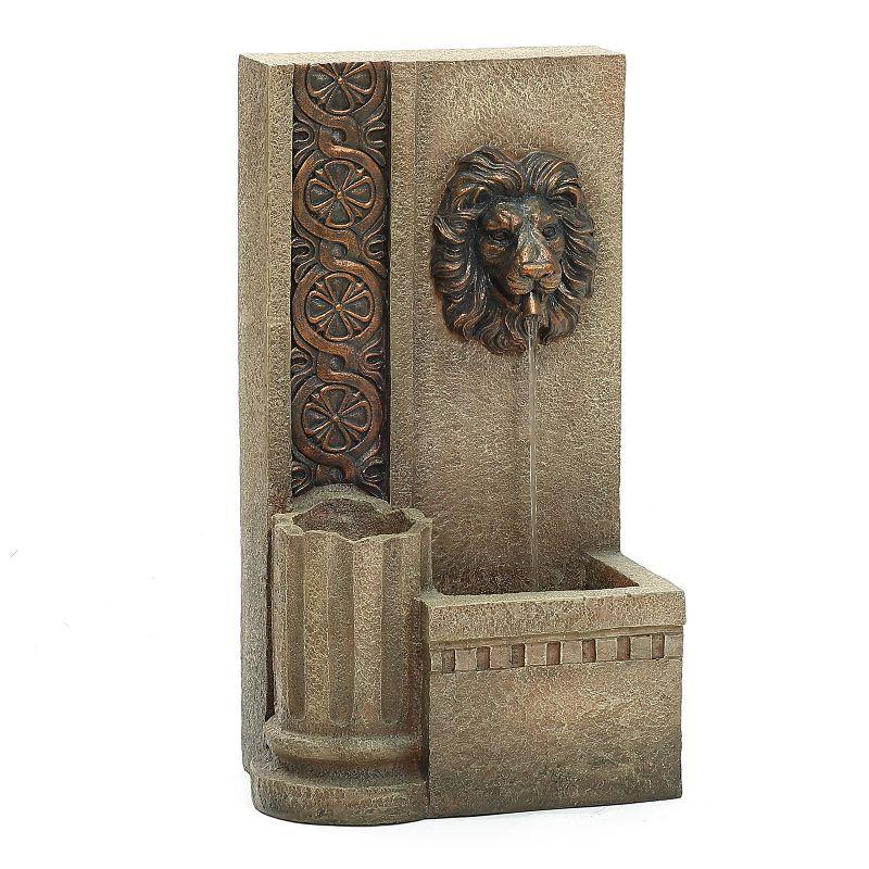 LuxenHome 25.8" H Sandstone Resin Regal Lion Head Floor Outdoor Water Fountain with Lights Brown