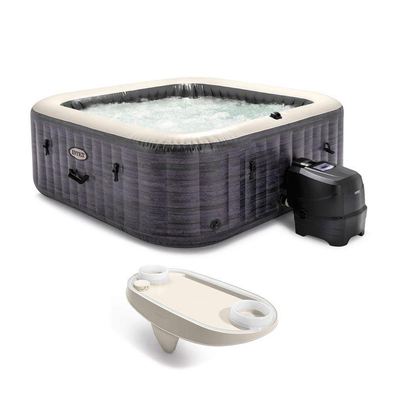 Intex PureSpa Plus Greystone Inflatable Square Outdoor Hot Tub Spa, 94 x 28", and Tablet Mobile Phone Spa Tray Accessory with LED Light Strip, White