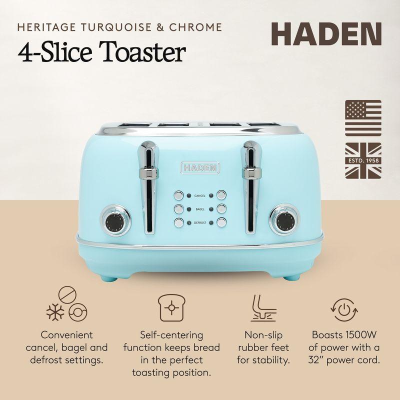 Haden Heritage 4 Slice Wide Slot Stainless Steel Toaster with Adjustable Browning Control & Non-Slip Feet, Turquoise & Chrome