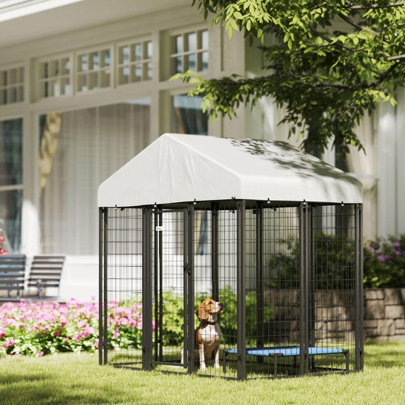 PawHut Outdoor Dog Kennel with Roof, Welded Wire Dog Playpen Enclosure with Escape-proof Lock, UV-Resistant & Waterproof Cover, 5.9' x 4' x 6', Silver