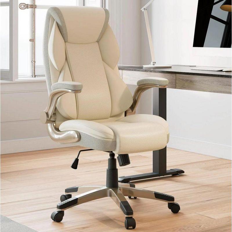 Off-White Faux Leather Executive Swivel Office Chair with Adjustable Arms