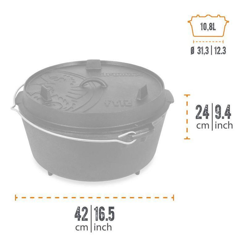 Petromax Cast Iron Dutch Oven for Cooking or Baking Outdoors Over Campfire or in the Home, Pre-Seasoned Cookware Heats Evenly, 3 Legs, 11.4 Qt
