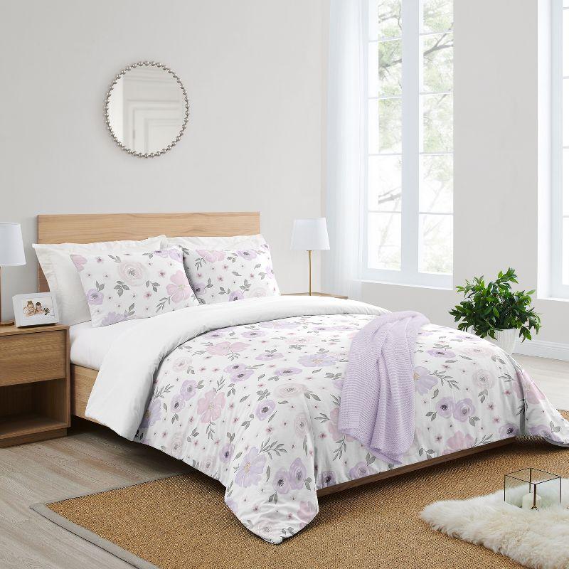 Lavender and Grey Watercolor Floral Cotton Queen Duvet Cover Set