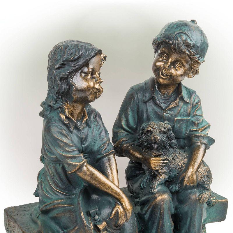 16" Polyresin Girl and Boy with Dog Sitting on Bench Sculpture Bronze - Alpine Corporation