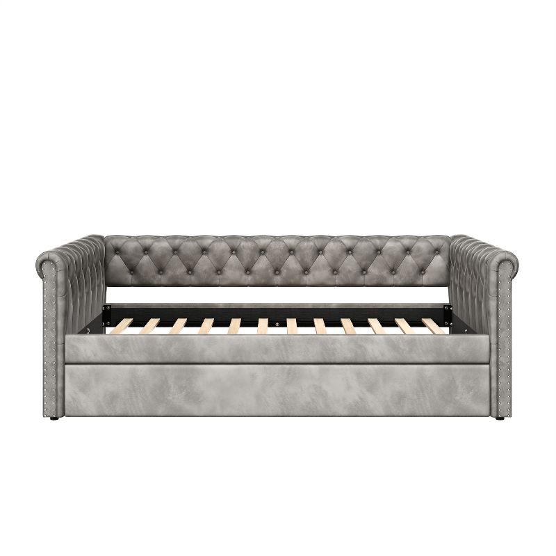 Gray Velvet Upholstered Twin Daybed with Trundle and Nailhead Trim