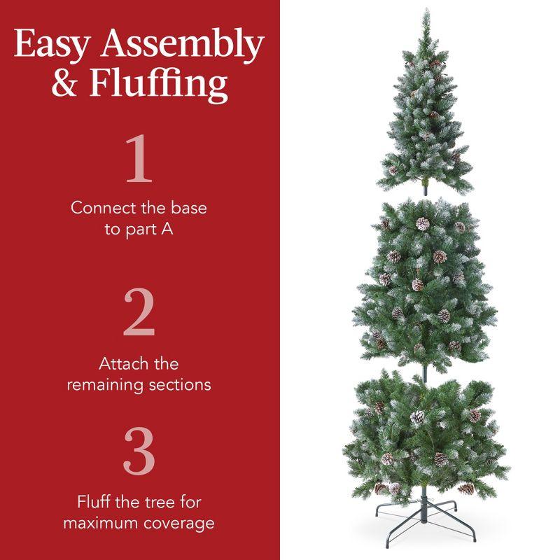 Best Choice Products Pre-Lit Partially Flocked Pencil Christmas Tree w/ Pine Cones, Foldable Stand