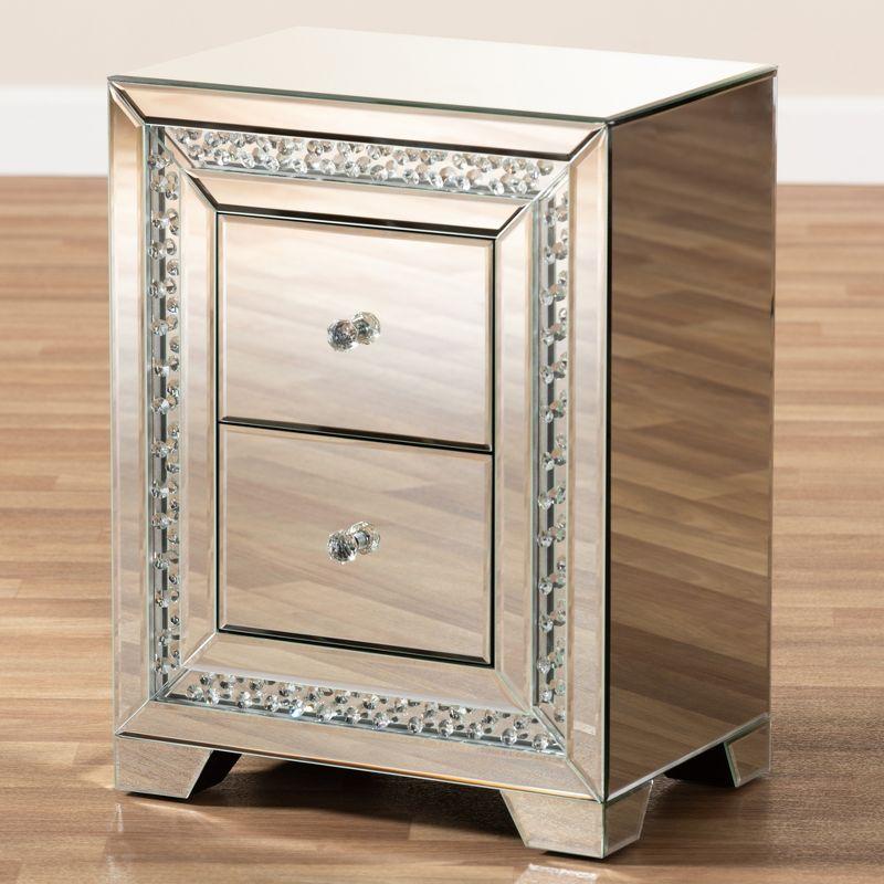 Mina Mirrored 2 Drawer Nightstand Bedside Table Silver - BaxtonStudio: Glamorous, Fully Assembled, Crystal Accents