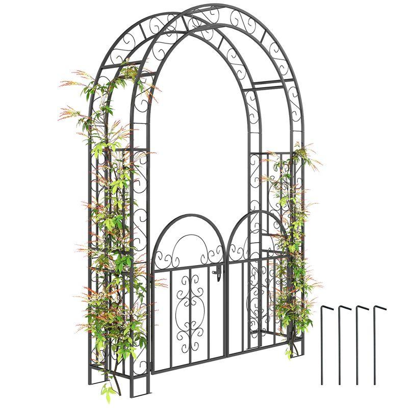 Outsunny 7.4ft Steel Garden Arch with Gate, Garden Arbor Trellis, Black