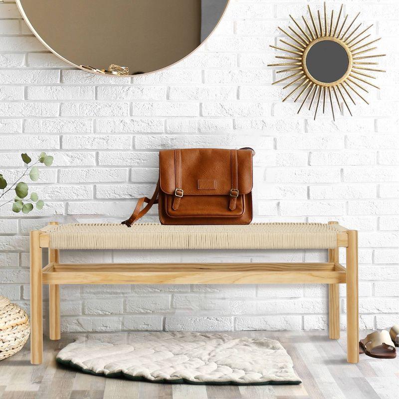 Storied Home Fernway Solid Wood and Woven Rope Entryway Bench Cream: Scandinavian Design, Pine Frame, 43.25" Long