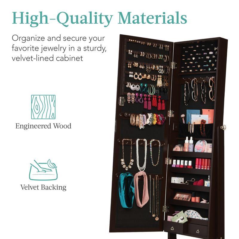 Best Choice Products Jewelry Armoire Cabinet, Full Length Mirror w/ Velvet Storage Interior, Lock - Espresso