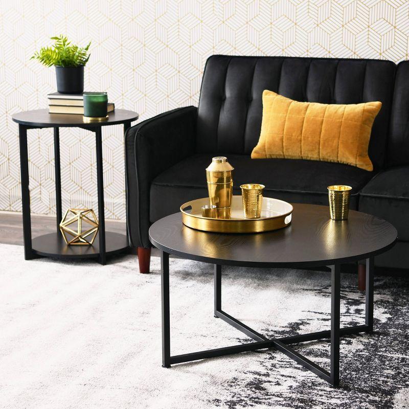 Household Essentials Jamestown Round End Table Black Oak: Modern Style, 24-Inch Height, Iron Frame